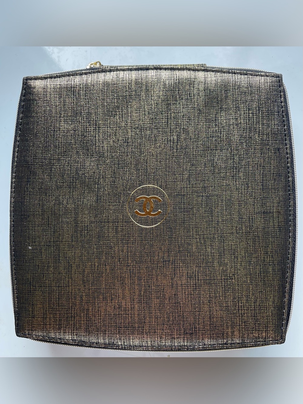 CHANEL Metallic Gold Tone,Textured Cosmetic Pouch 3-Section 7x7 inch Square GWP💕